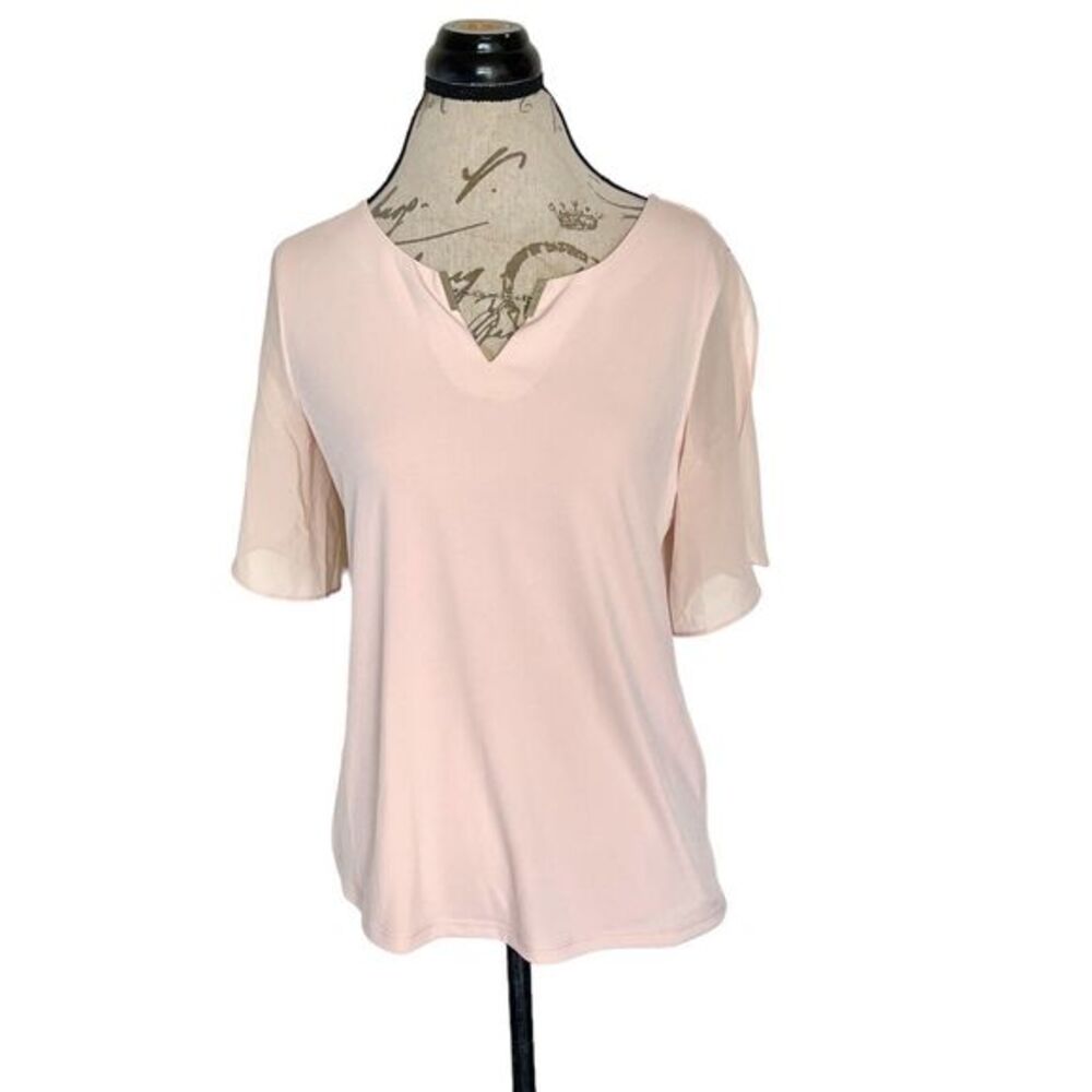 Calvin Klein Womens Size Small Blouse Pink V Neckline Logo Chain Semi Sheer